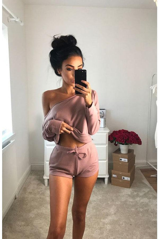 Clearance Off Shoulder Loose Crop Top with Shorts Two Pieces Set
