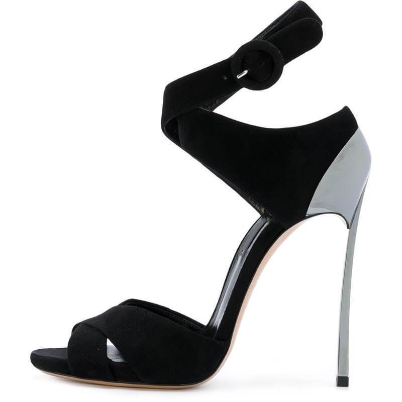 Summer Black Suede Plain Cutout High Heel Sandals