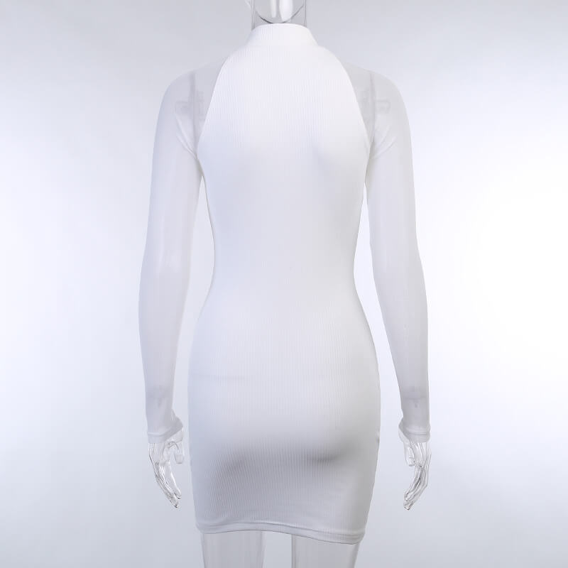 Ribbed White Half Zipper Bodycon Short Dress