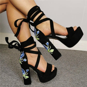Suede Platform Embroidery Strap Chunky Heel Sandals