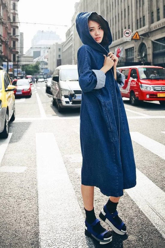 Loose Pure Color Hooded Long Over-knee Coat