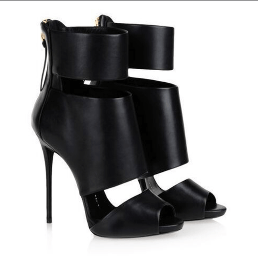 Black Cutout Peep Toe Leather High Heel Sandals