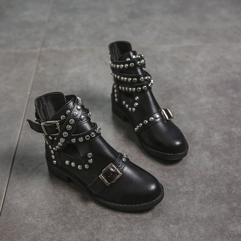 Black Leather Rivet Martin Ankle Boots
