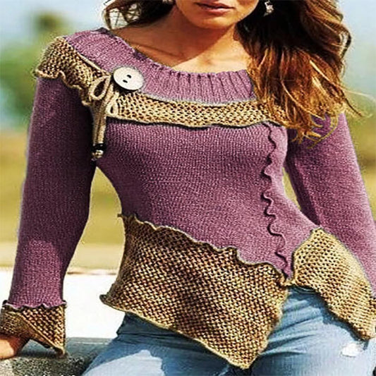 Colorblock Patchwork Long Sleeved Knit Sweater