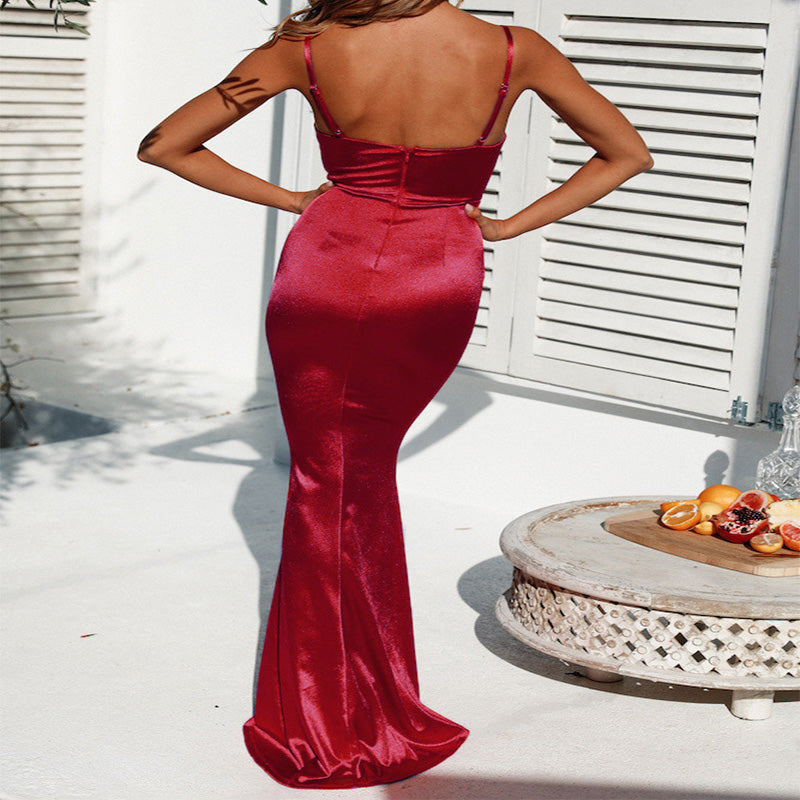 Spaghetti Strap Backless Velvet Mermaid Maxi Dress