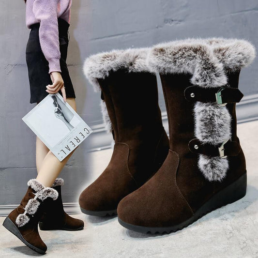 Wedge Flat Suede Fur Buckle Mid Calf Boots