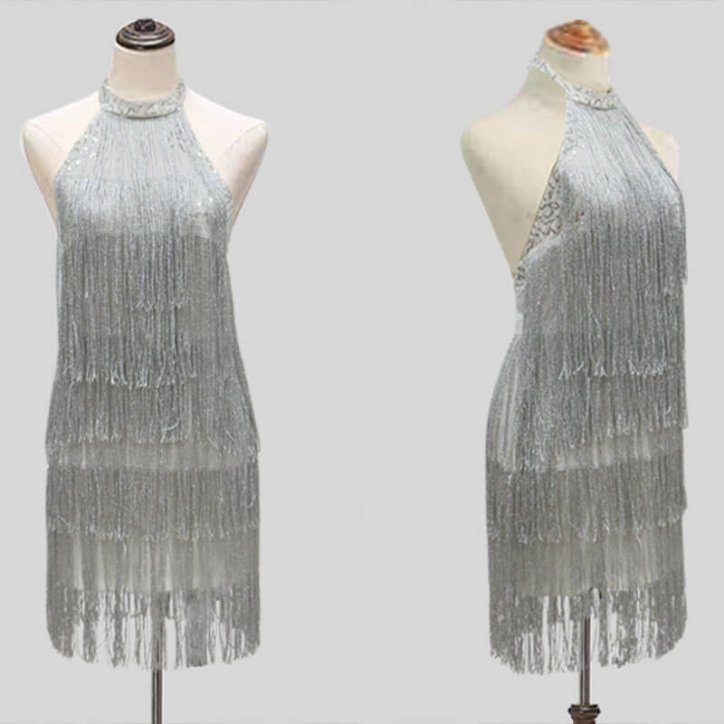 Silver Backless Fringe Short Dress
