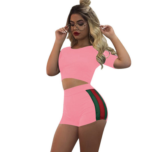 Pure Color Slim Crop Top with Shorts Two Pieces Set
