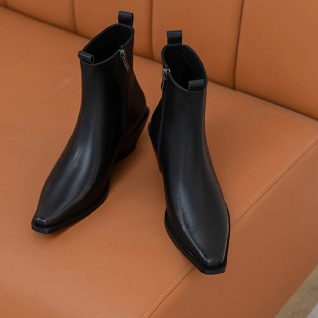 Black Leather Square Toe Wedge Ankle Boots