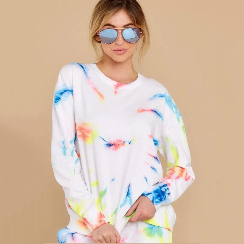 Casual Tie Dye White High Waist Long Sleeve Elastic Ankle Two Pieces Set