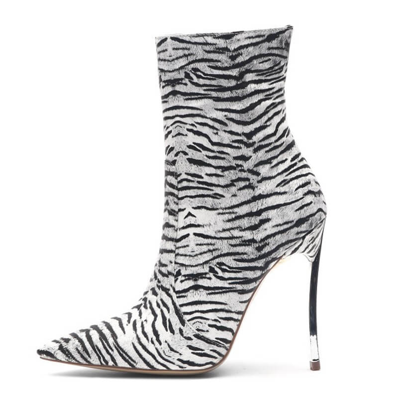 Tiger Print Pointed Toe Zipper High Heel Ankle Boots