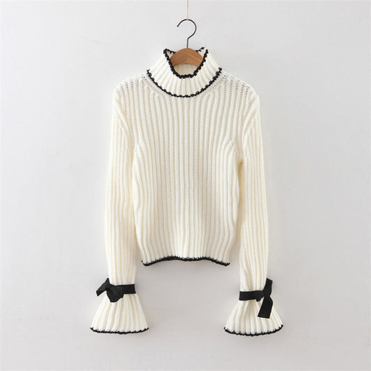 Long Trumpet Sleeves High Neck Pure Color Bow Sweater