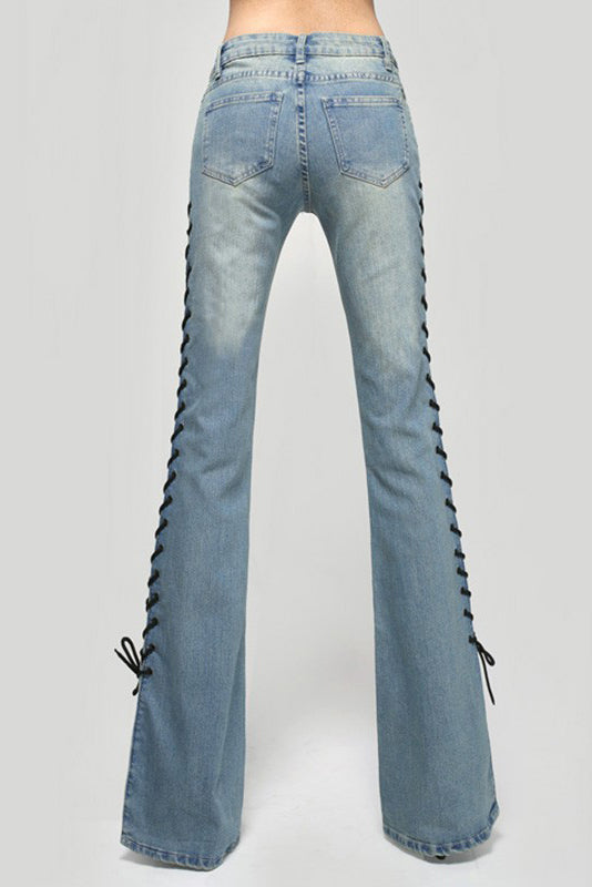 Straps Lace Up Slim Bell-bottomed Long Jeans Denim Pants