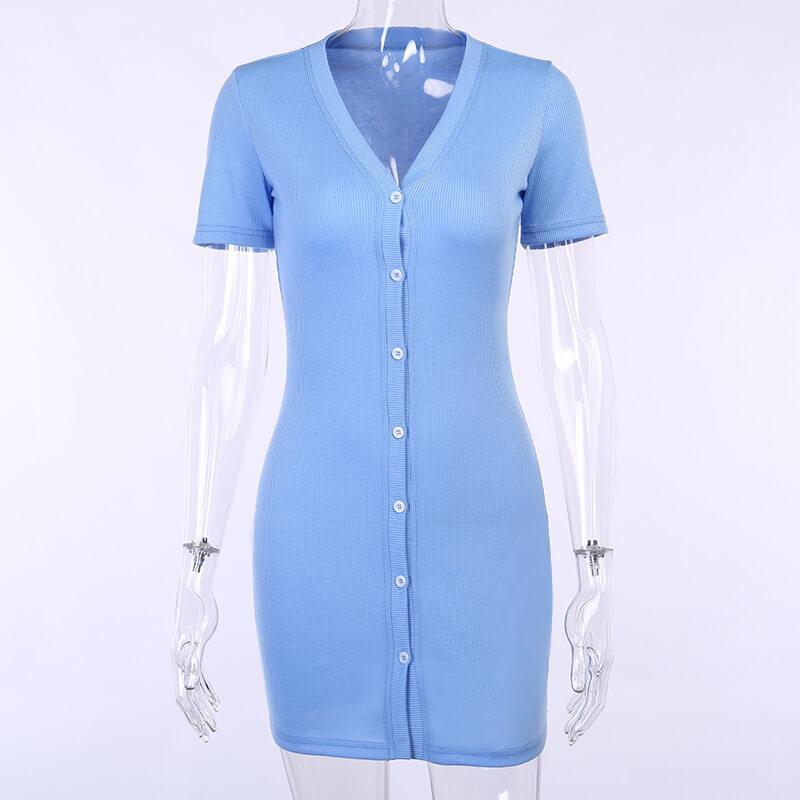 Sky Blue Ribbed Button Bodycon Short Dress