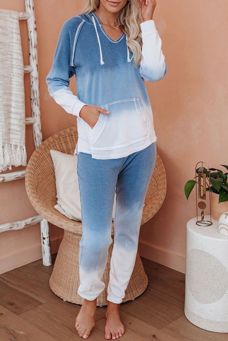 Casual Gradient Loose High Waist Long Sleeve Hooded Two Pieces Set