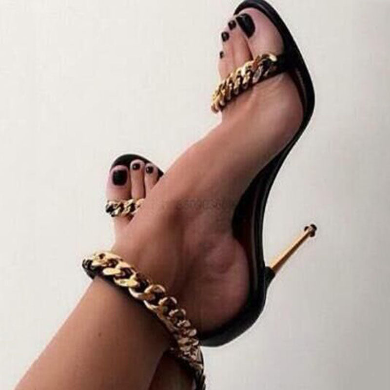 Party Black Leather Chain Open Toe High Heel Sandals