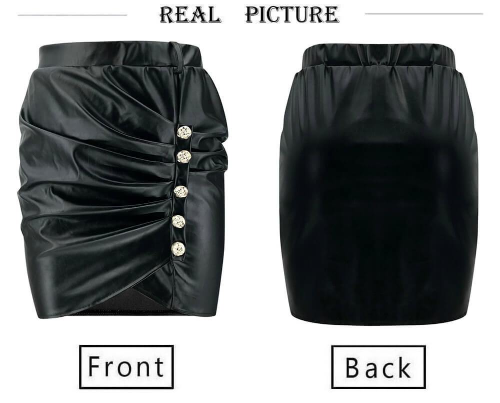 Black Leather Belt High Waist Ruched Skirts