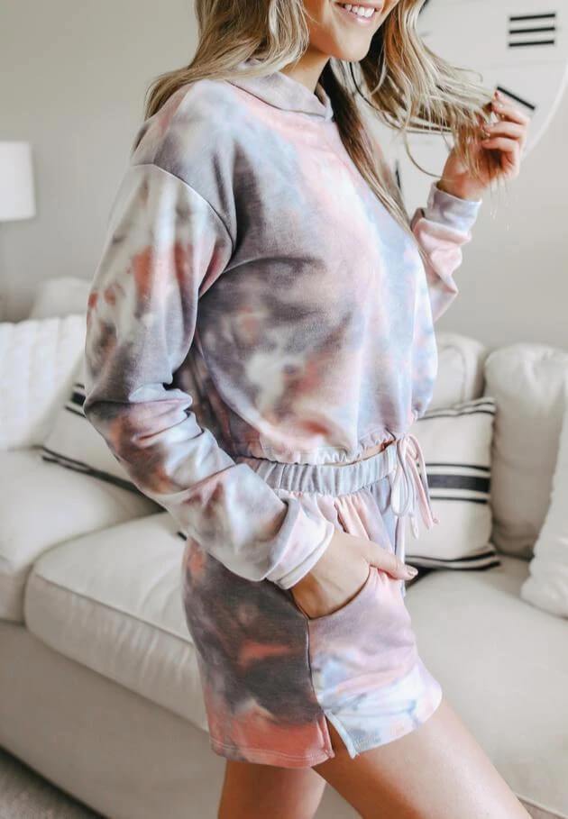 Pajamas Tie Dye Loose High Waist Long Sleeve Hooded Two Pieces Set