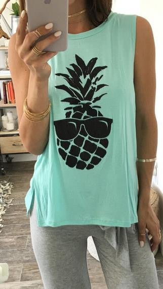 Scoop Sleeveless Pineapple Print Split Casual Vests - Meet Yours Fashion - 1