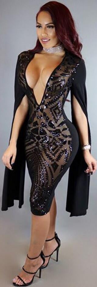 Long Split Sleeve Black Sequins Deep V Neck Bodycon Knee-Length Dress