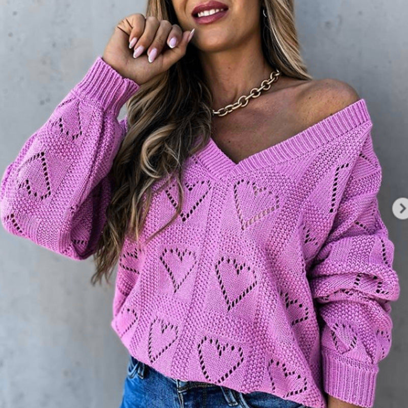 Hollow Out V Neck Heart Pattern Sweater