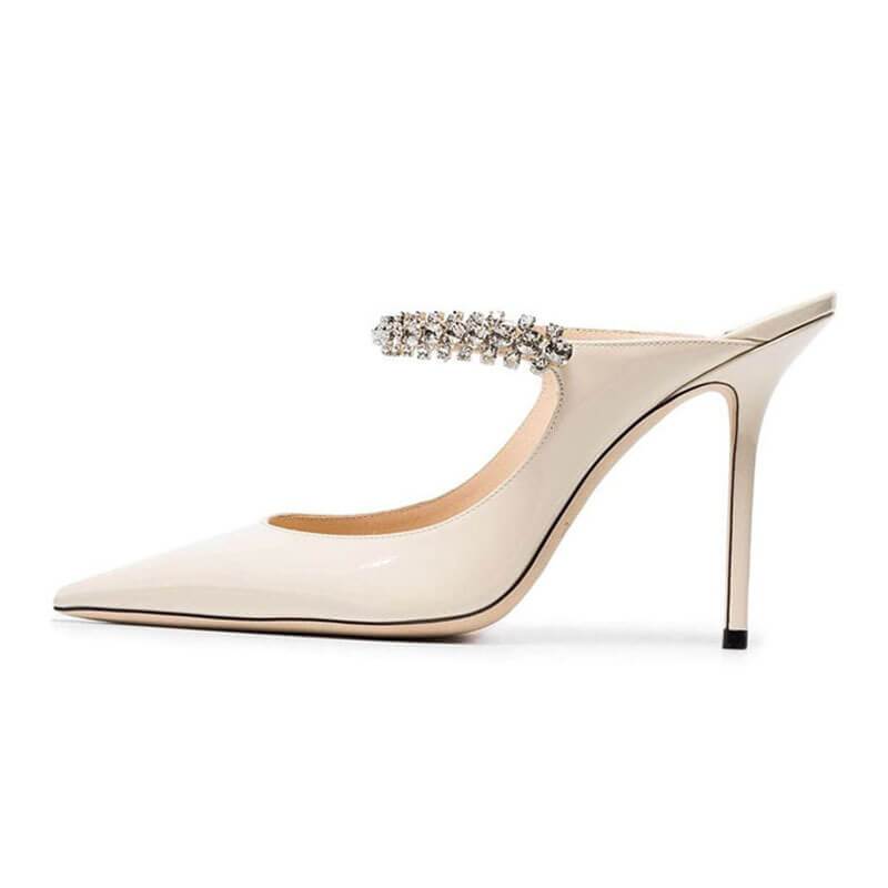 Sexy Leather Rhinestone Point Toe Mule Pumps