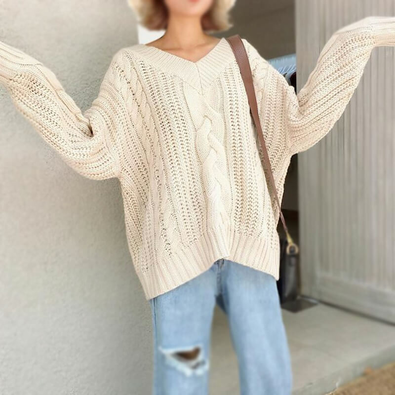 Loose V Neck Cable Knitted Sweater