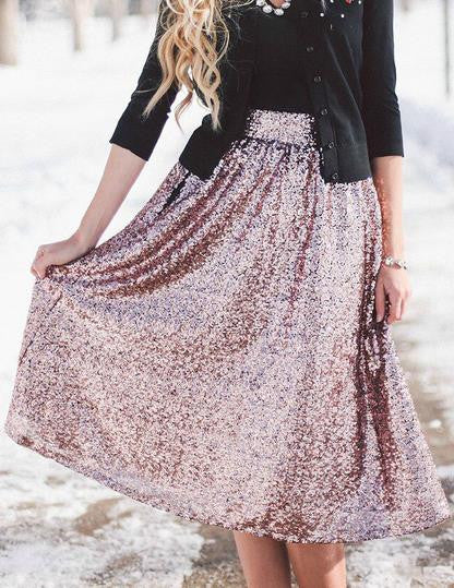 Sequin High Waist Flared Fashion Middle Skirt