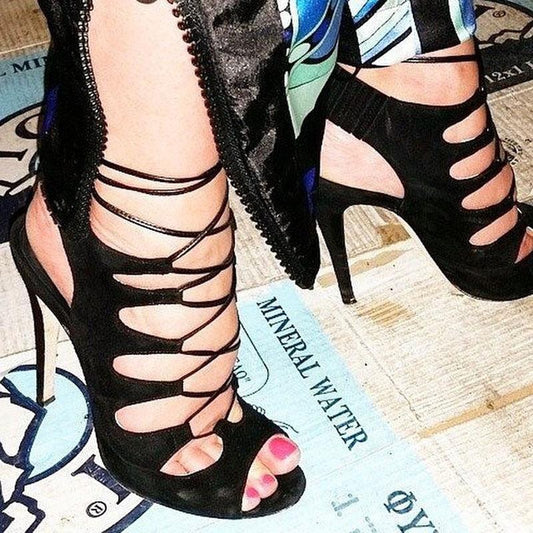 Sexy Black Suede Peep Toe Strap Cutout High Heel Sandals