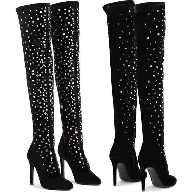 Sexy Rhinestone Pointed Toe Suede High Heel Over Knee Boots