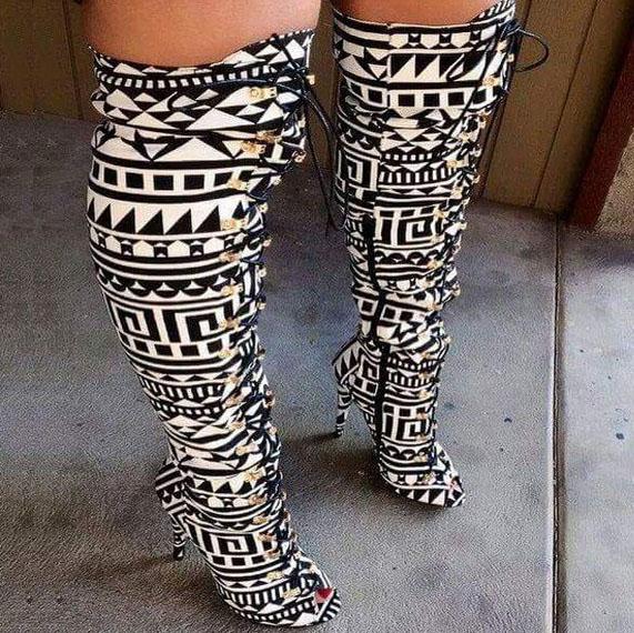 Peep Toe Lace Up Printing Knee High Boots
