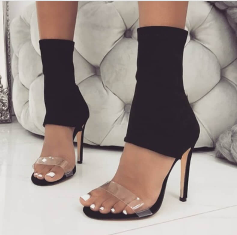 Black High Heel Pointed Toe Stretch Sandals