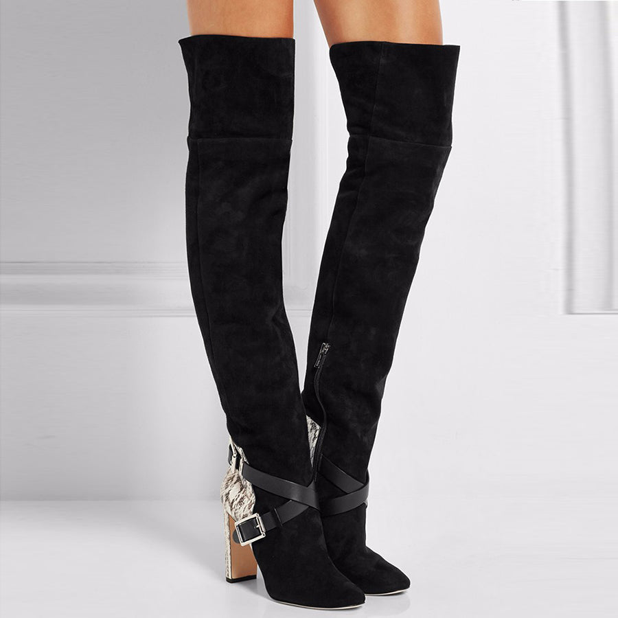 Patchwork Pointed Toe High Chunky Heel Over the Knee Loose Boots