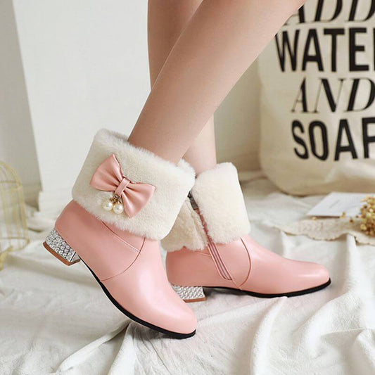 Bow Rhinestone Leather Chunky Heel Ankle Boots