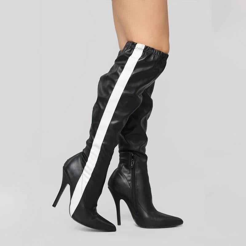 Sexy PU Colorblock Pointed Toe High Heel Knee High Boots