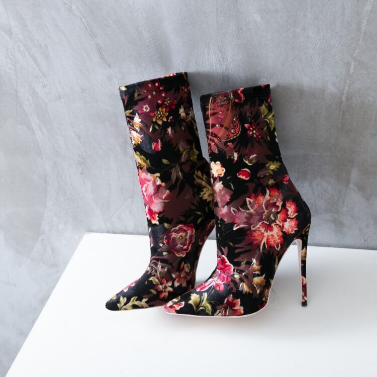Casual Flower Print Pointed Toe High Heel Ankle Boots