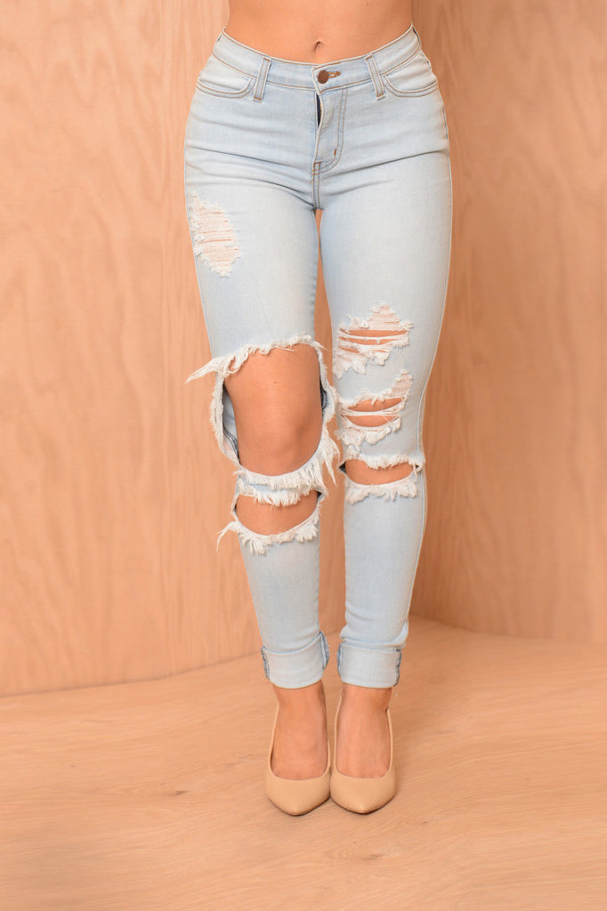 Low Waist Cut Out Rough Holes Curled Long Skinny Pants
