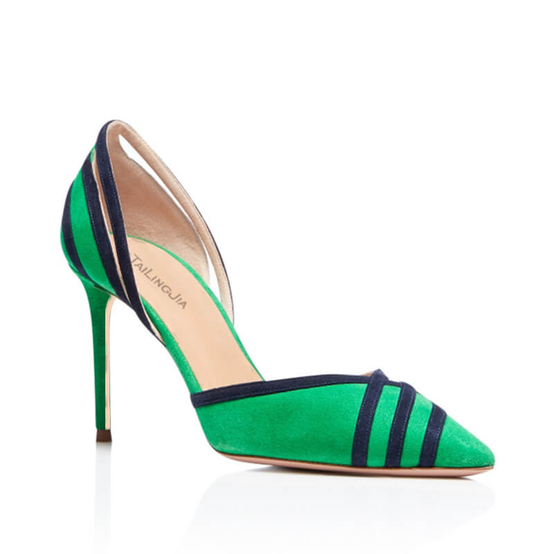 Green Suede Point Toe Stripes Pumps