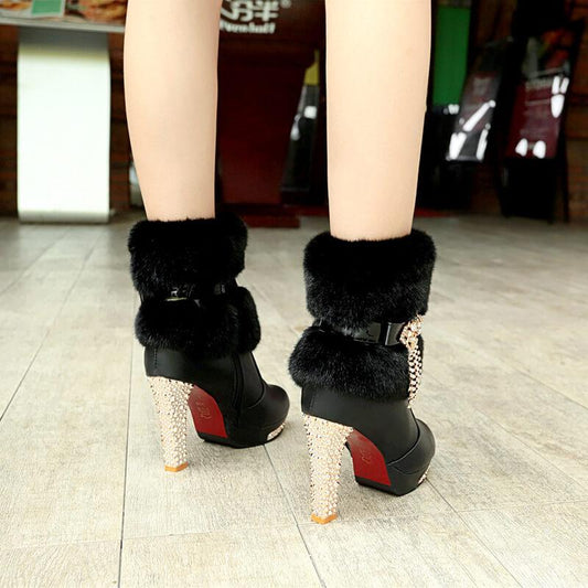 Rhinestone Fur High Heel Leather Calf Boots