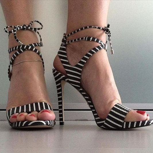 Black Strap Stripes High Heel Sandals