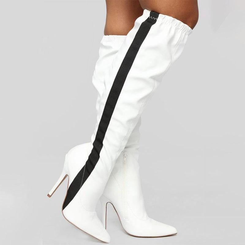 Sexy PU Colorblock Pointed Toe High Heel Knee High Boots