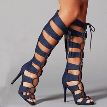 Navy Blue Strap High Heel Cutout  Knee High Sandals