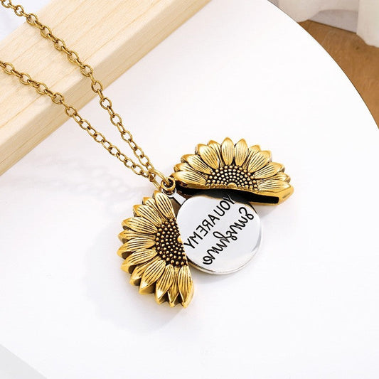Carved Letter Sunflower Pendant Necklace