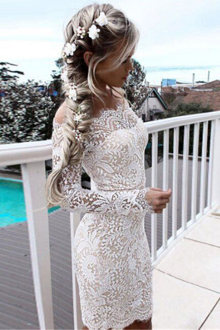 Off Shoulder Long Sleeves Short Bodycon Lace Dress