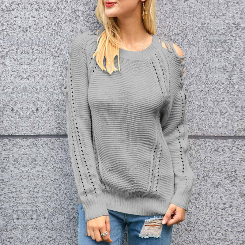 Cold Shoulder Hollow Out Knitted Soild Sweater
