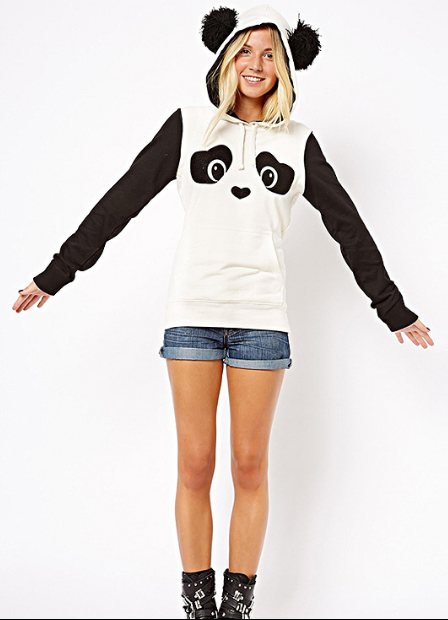 Panda Print Contrast Color Hooded Cute Sweatshirt