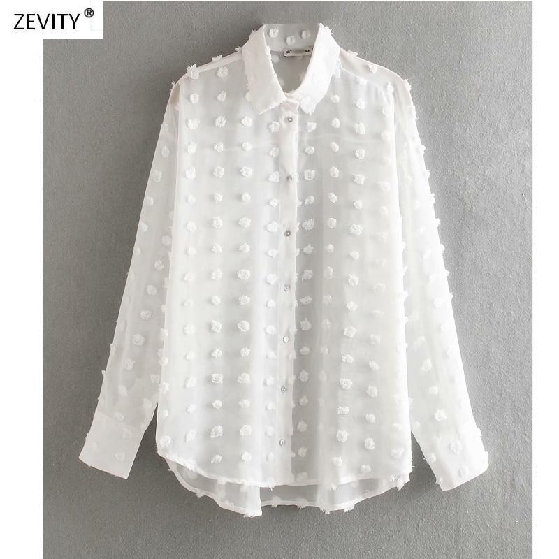Fashion Dot Stitching Casual Chiffon Blouse Shirt Women Long Sleeve Chic Blusas Perspective White Chemise Tops