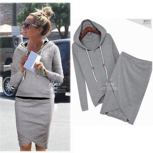 Two Pieces Sports Hoodie Knee-length Skirt Activewear Set