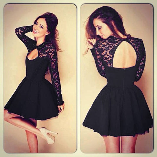 Lace Backless Long-Sleeved Short Dress